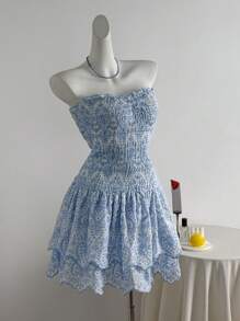 Sweetra Women's Drawstring Blue Beach Resort Casual Dress, Spring/Summer