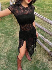 SHEIN EZwear 女士蕾丝拼布圆领短袖修身迷你连衣裙 - 黑色 - 查看 5