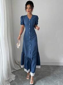 Elenzga Women's V-Neck Single-Breasted Puff Sleeve Ruffled Hem Casual Dress - Multicolor - View 3