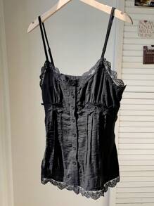 Comfortcana Camisa de mujer de verano con botones delanteros y contraste de encaje