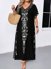 SHEIN Plus Size Women Casual Beach V-Neck Half Sleeve Graphic Print Long Dress - Black - View 4