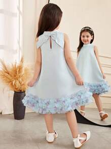 SHEIN Young Girl Loose Elegant Stand Collar Sleeveless Ruffle Hem Back Bowknot Dress