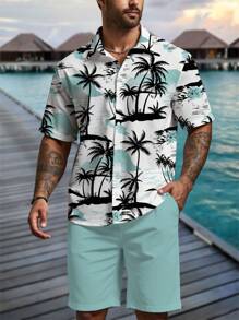 Manfinity RSRT Coconut Tree Printed Short Sleeve Shirt And Mint Green Shorts Vacation Set For Men - Multicolor - View 1