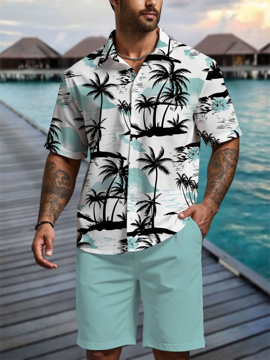 Manfinity RSRT Coconut Tree Printed Short Sleeve Shirt And Mint Green Shorts Vacation Set For Men - Multicolor - View 1