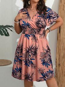Franclia Vestido informal casual de talla grande para mujer con estampado de plantas tropicales y cinturón, ropa de resort