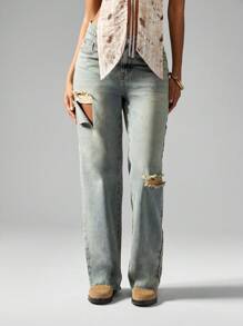 MISSGUIDED Distressed Vintage Style Loose Fit Raw Hem Baggy Jeans Boyfriend Relaxed Cut Long Length Denim For Summer Festival Ripped Y2K Retro Fashion - Blue - View 1