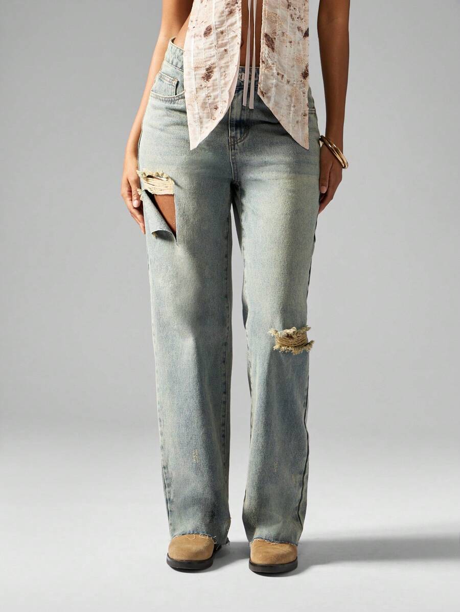MISSGUIDED Distressed Vintage Style Loose Fit Raw Hem Baggy Jeans Boyfriend Relaxed Cut Long Length Denim For Summer Festival Ripped Y2K Retro Fashion - Blue - View 1