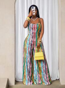 BamGleam 女式全身印花优雅时尚无袖连体裤，夏季 - 彩色 - 查看 1