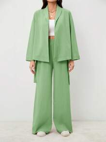 SHEIN Tall Elegant & Casual Vacation/Commute Women Collar Tie Waist Loose Shacket With High Waist Soft Pants, Suitable For Autumn & Summer - Green - View 5