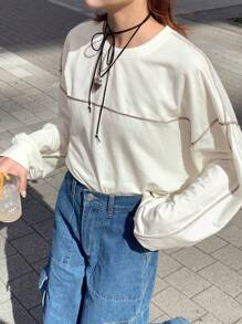 FRIFUL 女士宽松短款圆领撞色拼接T恤，春季、秋季衣服长袖女上衣 - 米色 - 查看 4