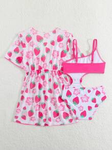 Young Girl Strawberry Print Hollow Out Bowknot One-Piece Swimsuit + UV Protection Cardigan 2 Pieces Set - Multicolor - View 2