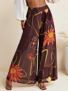 BELANGE HANDMADE Floral Print Wide Leg Pants High Waist