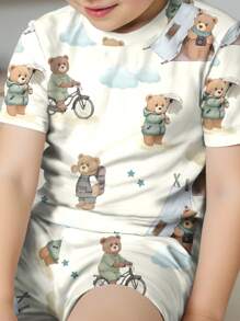 男婴熊图案休闲修身短袖 T 恤和短裤睡衣套装，舒适贴身，适合夏季 - 彩色 - 查看 3