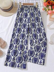 2025 New Vacation Style Printed Wide-Leg Pants, Girls Beach Summer Casual Straight Trousers, Loose Fit For Big Tween Girl
