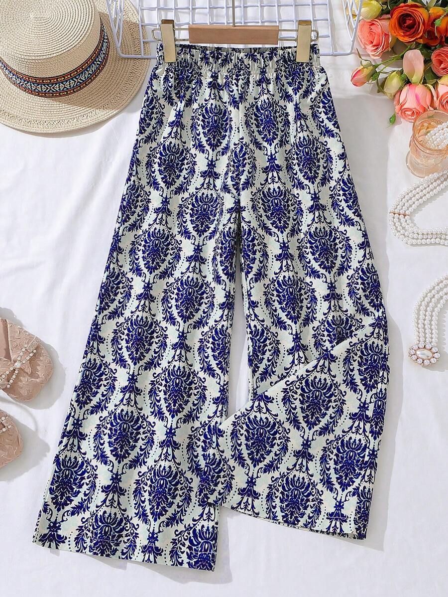 2025 New Vacation Style Printed Wide-Leg Pants, Girls Beach Summer Casual Straight Trousers, Loose Fit For Big Tween Girl