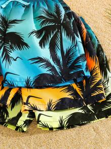 SHEIN Set de 3 pantalones cortos de playa informales para niños, pantalones cortos de playa versátiles y cómodos con estampado de árbol de coco, de secado rápido, conjunto de ropa de baño
