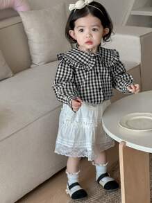 Blusa de manga larga con volantes a cuadros para niños pequeños, linda para el verano - Blanco y Negro - Ver 5