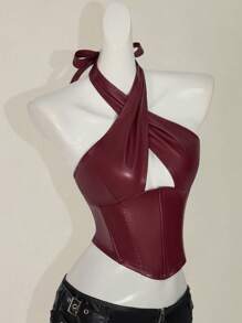 SHEIN ICON Women's Burgundy PU Leather Halter Criss Cross Crop Top: Asymmetrical Hem, Stylish And Edgy Cami For A Night Out