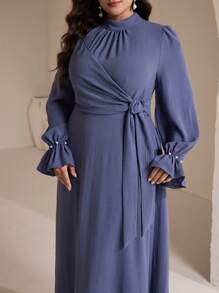 Veilorie Women Plus Size Solid Color Ruched Puff Sleeve Knot Waist Elegant Dress - Blue - View 4