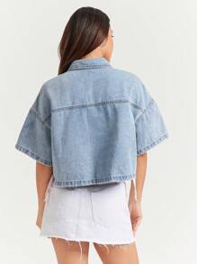 WESTFADE Collared Button Front Cute Bow Tie Sides Short Sleeve Country Western Boxy Denim Shirt Jacket Summer Cowgirl Rodeo - Light Wash - View 5