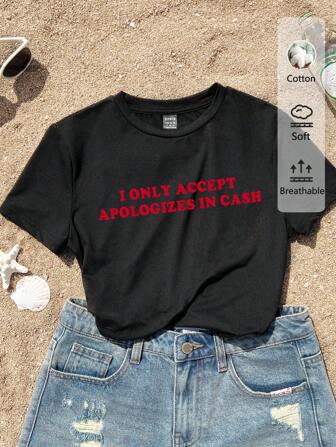 Tseoso Lässiges shirt mit Schriftzug Motiv, Rundhalsausschnitt, kurze Ärmel, körperbetonter Crop Top Schnitt, aus atmungsaktiver Baumwolle, geeignet für den Sommer