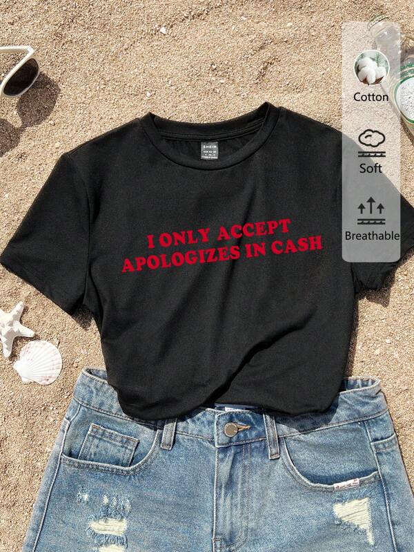 Tseoso Tricou crop top cu mânecă scurtă, bumbac, respirabil, potrivit pentru vară, cu scrisoare casual SLOGAN