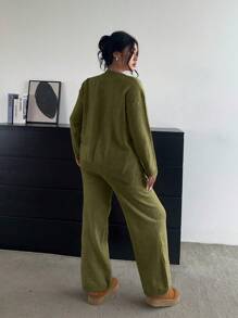 Flirla Soft, Slimming, Versatile Casual Wide-Leg Pants & Long Sleeve Knit Set - Army Green - View 2