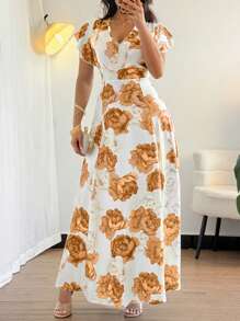 SHEIN VCAY CURVE Vestito maxi con scollo a V a volant con stampa floreale, estivo, per taglie comode
