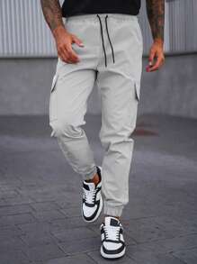 Manfinity LEGND Men's Casual Drawstring Waist Long Pants, Multi-Pocket Cargo Trousers, Versatile - Light Grey - View 3