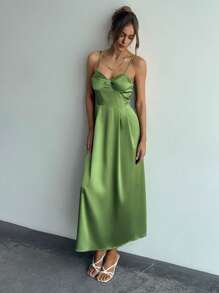 Firerie Spring/Summer New Arrival Elegant Woman's Green Stain Elegant V-Neck Waist Coat Details Long Dress, Sexy And Elegant Party Dress, Sisters Evening Dress, Ladies Long Dress Satin Women Outfit.