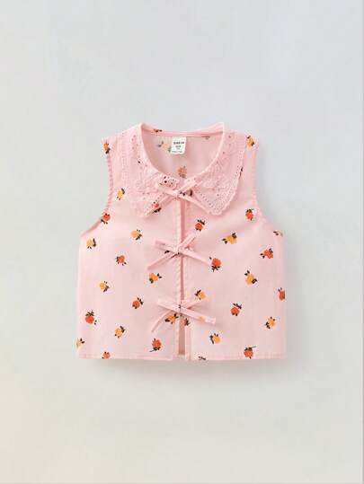 Maija Kids Maija Kids 年轻女孩复古碎花刺绣装饰宽领蝴蝶结休闲宽松背心，适合春夏季户外、居家、返校、度假