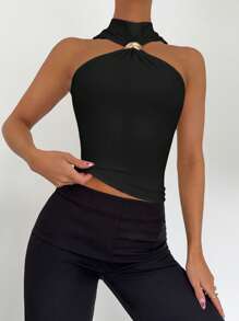 Siren Gaze Women's Sleeveless Stand Collar Blouse, Metal Decor Design, Commuter & Casual Vacation Top For Summer