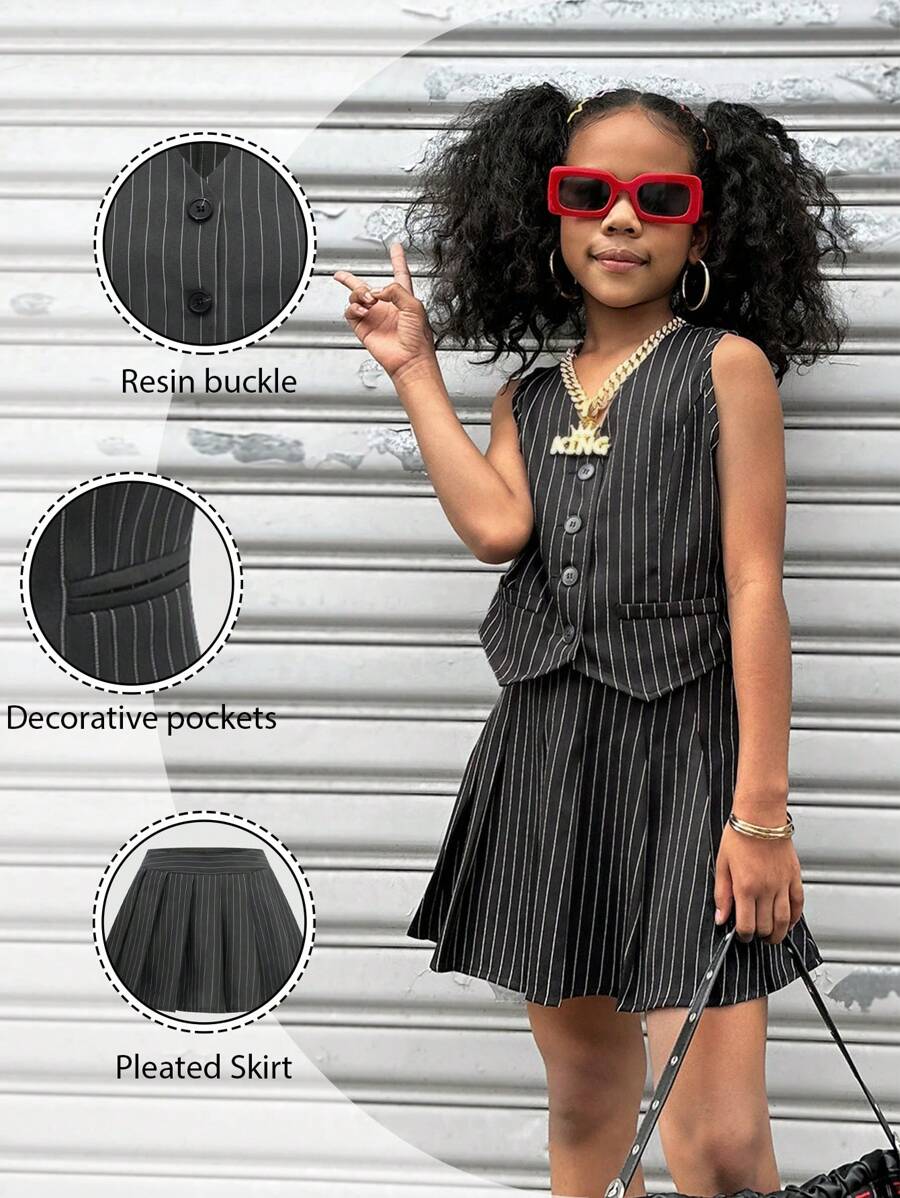 Coolane 女童春夏条纹单排扣上衣和裙子套装，条纹单排扣上衣和裙子套装 - 黑色 - 查看 1