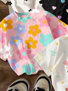 SHEIN Leap Crew 4 件套青少年女孩休闲卡通花朵和心形印花短袖圆领 T 恤，适合夏季 - 彩色 - 查看 3