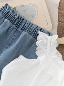 SHEIN 2pcs/Set Girls Casual Fashionable Ruffle Collar Sleeveless Loose Embroidery Lace Tank Top + Denim Embroidered Flared Pants Suit, Versatile For Holiday, Travel And Daily Wear, Summer