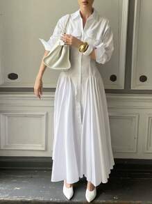 Siren Gaze Damen Freizeit/Pendler Einfarbiges Kleid mit Knopfleiste vorne, Abschlusskleider, Damenkleider, elegantes Abendkleid, weißes Kleid für die Arbeit, Sommerkleider, Damenkleidung, Damenkleider, Geburtstag - Weiss - Übersicht 7