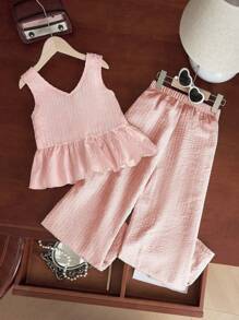 青少年女孩宽松休闲韩版肩带荷叶边下摆上衣和裤子两件套 - 粉色 - 查看 5