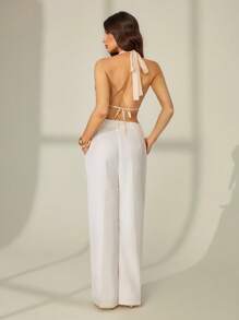 SHEIN Tall Wedding Season Textured Woven Lace Elegant Sexy Women's Halter Neck Camisole - White - View 2