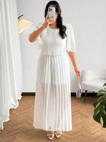 Calvaya Plus Size Elegant Chiffon Fold Detail Jumpsuit, Office Wear - White - View 4