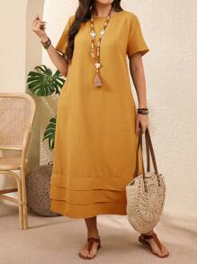 EMERY ROSE 大码纯色短袖休闲度假连衣裙春季女装度假乡村鼠尾草绿