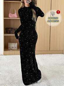 SHEIN EZwear Women's Starry Night Dress: Black Glitter Long Sleeve Maxi Dress,Prom Dress