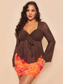 SHEIN BAE Summer Beach Vacation Plus Size Clothing Holiday Clothing Party Gathering, Dating Travel, Going Out, Music Festival Clothing, Concert Clothing, Country Music Festival Clothing,Plus Size Women Tied Front Long Sleeve T-Shirt, Valentine's Day - Brown - View 6