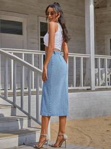SHEIN PETITE Women's High Waist Single-Breasted Casual Denim Skirt - Light Wash - View 2