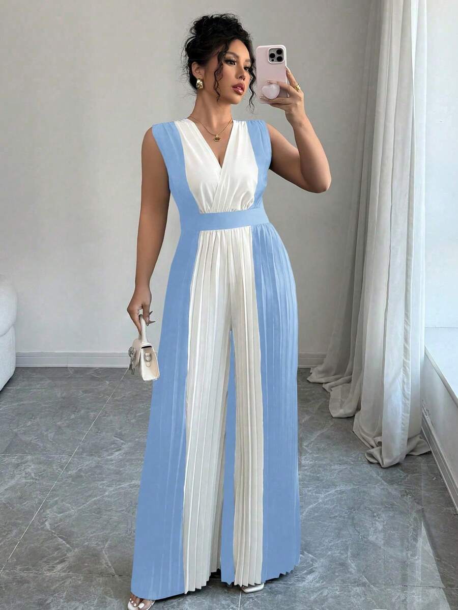 SHEIN PETITE Mono de mujer de talla grande con cuello en V fruncido, cintura con cordón y pantalones anchos, elegante para uso casual, trabajo, viajes y días festivos