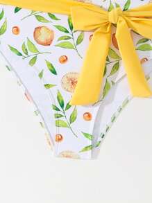 Summer Beach Vacation Random Floral Print Bowknot Ruffle Hem Ladies Swimsuit Set - Yellow - View 4