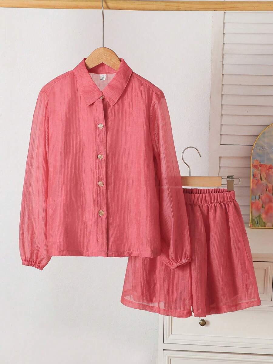SHEIN 2pcs/Set Girls Energetic Vacation Pink Long Sleeve Thin Blouse & Matching Shorts Set, Suitable For Summer Beach Wear - Hot Pink - View 1