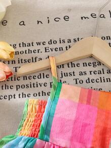 SHEIN 2pcs/Set Baby Girls Colorful Holiday Dopamine Plaid Cami Dress With Matching Triangular Shorts, Summer - Multicolor - View 3