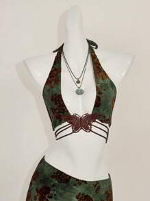 SHEIN ICON 女士两件套日常装假日植绒印花绿棕色胸前蝴蝶装饰露背上衣和臀裙 - 彩色 - 查看 6