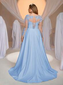 Aureia Plus Size Elegant Luxurious Sheer Long Sleeve Dress, Featuring Crystal Pearl Embroidery, Lace, Mesh And Satin Panels, Large Flare Hem, Ideal For Wedding, Engagement Party, Honeymoon, Bride