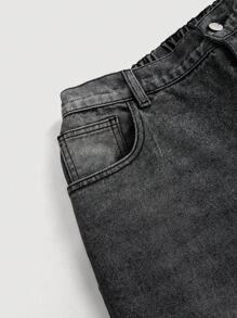 SHEIN Tall CURVE 大码休闲松紧腰直筒水洗牛仔裤，宽松牛仔裤 - 黑色 - 查看 3